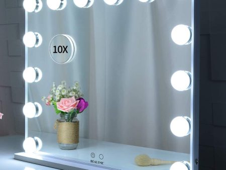 Hollywood Makeup Vanity Mirror with LED Lights and Detachable 10X Magnification Mirror (White, 62 x 51 cm) For Discount