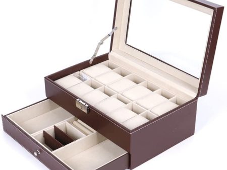 12 Slot PU Leather Lockable Watch and Jewelry Storage Boxes (Brown) Fashion