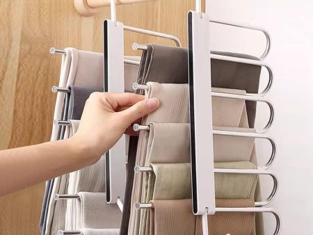 2 Pack Adjustable Multi-Layer 6 in 1 Pants Hanger for Wardrobe and Home Storage (White) For Sale