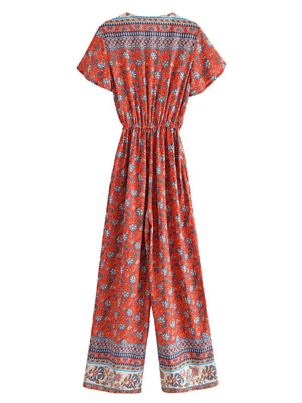 Women s Full Length Red Floral Printed Boho Jumpsuit | Short Sleeve + V-neck |  S-L Fashion