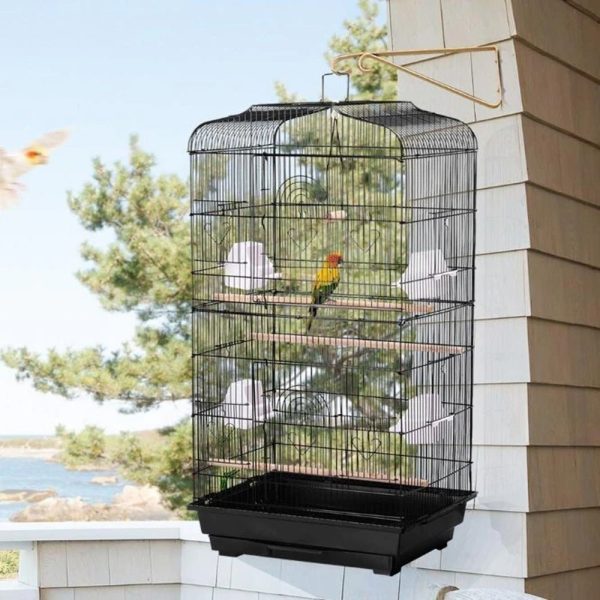 92cm Large Portable Wire Bird Cage Birdcage  Parrot Cage Wooden Stand Pole Feeding Cup Black Online Hot Sale