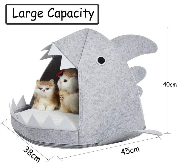 Shark Shape Pet Cave Bed for Cats andSmall Dogs 45 x 45 x 38 cm (Light Grey) Supply