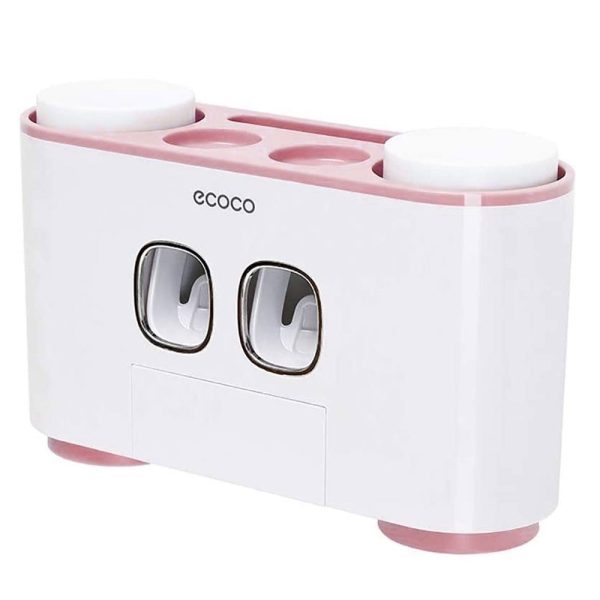 Ecoco Wall-Mounted Toothbrush Holder with 2 Toothpaste Dispensers 4 Cups and 5 Toothbrush Slots Toiletries Bathroom Storage Rack (Pink) Fashion