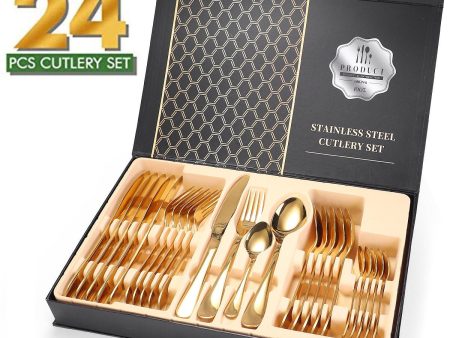 24-Piece Stainless Steel Gold Set, Knife Fork Spoon Flatware Set Cutlery Set, Mirror Finish on Sale