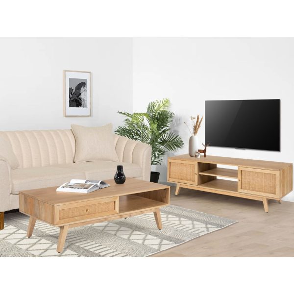 Olearia  ETU Entertainment TV Unit 175cm Solid Mango Wood Rattan 2 Door Natural Online Hot Sale